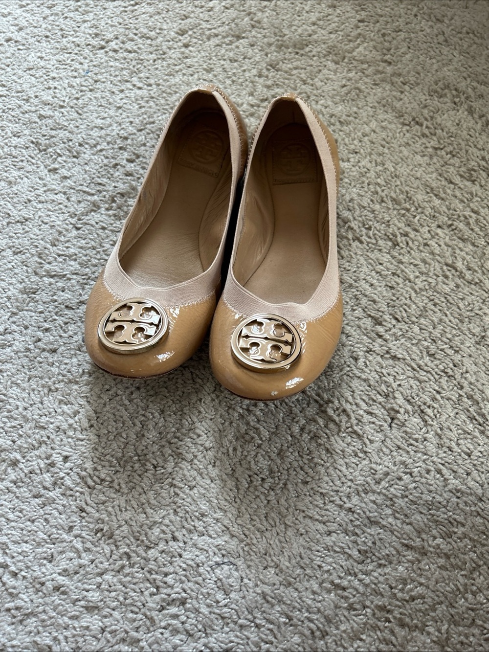 Tory Burch Patent Leather Two-Tone Tan & Beige Reva Ballet Flats